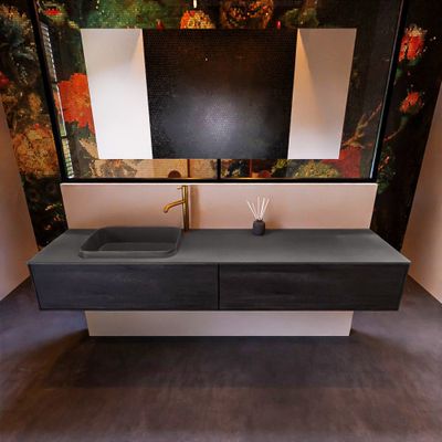 Badkamermeubelset Mondiaz Erin 200 cm met 2 Lades met RIDGE Wastafel Links Dark grey met 1 kraangat Greeploos Mat Dark Brown