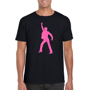 Bellatio Decorations Verkleed T-shirt heren - disco - zwart - roze glitter - jaren 70/80 - carnaval 2XL  -