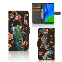 Huawei P Smart 2020 Telefoonhoesje met Pasjes Pauw met Bloemen