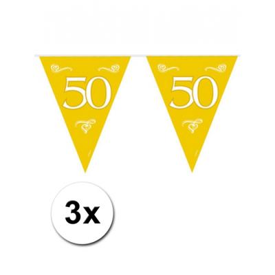 Jubileum thema vlaggenlijn 50 jaar - 3x - goud - kunststof - Feest versieringen - 600 cm