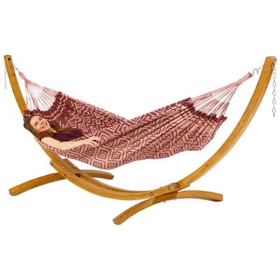 Eenpersoons hangmat met houten standaard - 300x140cm - Paars - 120kg draagkracht- 100% katoen - binnen & buiten