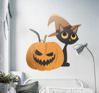 Muurzelfklevende sticker jack o lantern en cat