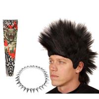 Carnaval verkleed setje heren punker - hanekam pruik - spikes ketting - tattoo sleeves