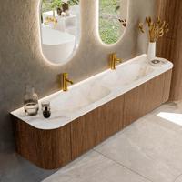 Mondiaz KURVE-DLUX 190 cm Onderkast Greeploos 2 Lades Met Deuren Walnut, Wastafel Solid Surface Dubbel Frappe 2 Kraangaten Zonder Spiegel (KRVSTS190L+R2L2D2KD-Wal/Fra)
