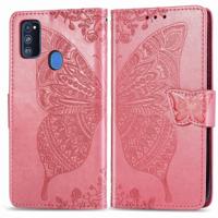Voor Galaxy M30s Butterfly Love Flower reliëf horizontale Flip lederen draagtas met beugel Lanyard Card slot portemonnee (roze)
