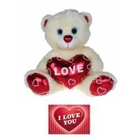 Kruger Pluche knuffelbeer - 80 cm - wit/rood - Valentijn Love hartje - hartjes wenskaart