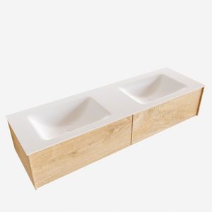 Badkamermeubel BWS Madrid Washed Oak 150x45x30 cm Mat Witte Solid Surface Wastafel Dubbel (2 lades, 0 kraangaten)