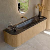 Mondiaz KURVE-DLUX 160 cm Onderkast Greeploos 1 Lade Met Deuren Oak, Wastafel Solid Surface Midden Lava 0 Kraangaten Zonder Spiegel (KRVBGM160L+R1L2D0KM-Oak/Lav)