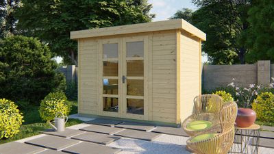 Tuindeco Minimodern Blokhut 300x200 cm 28 mm vuren blank- Plat dak- Onbehandeld vurenhout- Tuindeco