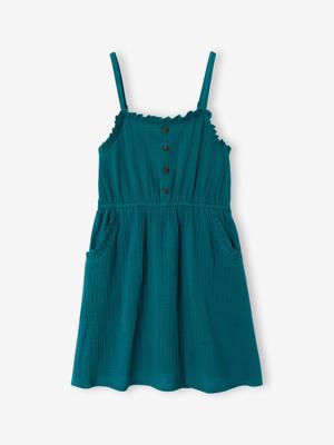Jurkje met schouderbandjes van katoenen gaas voor meisjes smaragdgroen