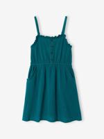 Jurkje met schouderbandjes van katoenen gaas voor meisjes smaragdgroen