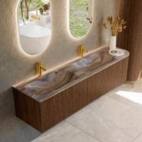 Badmeubel Mondiaz Kurve-Dlux | 175 cm | Meubelkleur Walnut | Wastafelkleur Sombra | Solid surface | Dubbel / Links spoelbak | 2 kraangaten