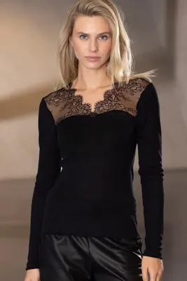 Kanten merino wollen shirt lange mouw dames - Warm kanten ondershirt met V-hals