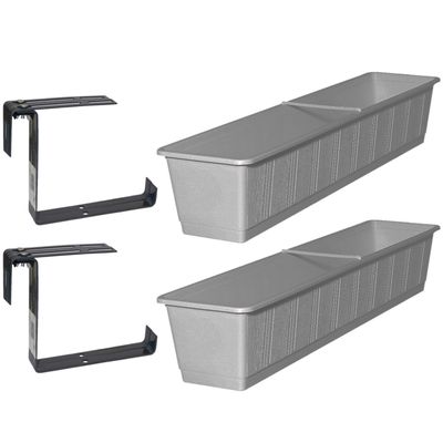 Set van 4 kunststof plantenbakken grijs rechthoekig 80 cm met 8 verstelbare railing beugels