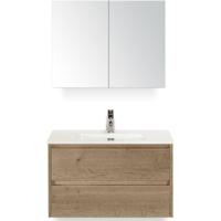Dante Badmeubelset 80 cm - Natuur Eiken - Keramische Wastafel Wit Cover met Spiegelkast