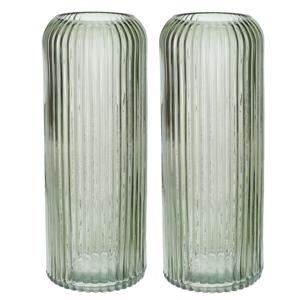 Bloemenvaas ribbel - 2x - lichtgroen - transparant glas - D9 x H20 cm