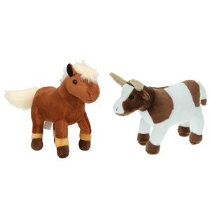 Pluche knuffel boerderijdieren set Koe en Paard van 23 cm