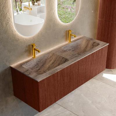 Badmeubel Mondiaz Kurve-Dlux | 130 cm | Meubelkleur Ruby | Wastafelkleur Oza | Solid surface | Wasbak beide zijden spoelbak | 2 kraangaten