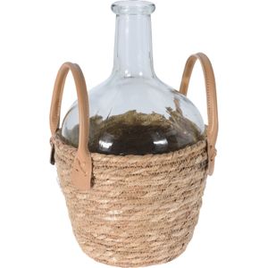 Flesvaas - glas - transparant - met gevlochten rieten mand - 20 x 31 cm