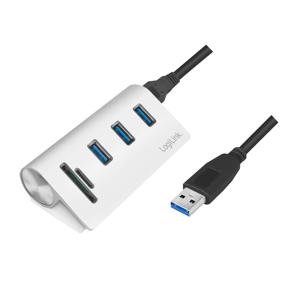 LogiLink CR0045 USB 3.0-hub 3 + 2 poorten Met aluminium behuizing, Met ingebouwde SD-kaartlezer Zilver