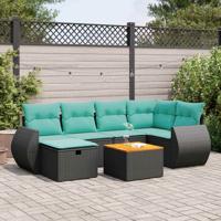 7-delige Loungeset met kussens poly rattan zwart