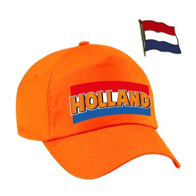 Nederland supporters setje - baseballcap print oranje - colbert pin broche vlag - volwassenen
