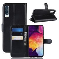Litchi textuur horizontale Flip lederen case voor Galaxy A50 met portemonnee & houder & kaartsleuven (zwart)