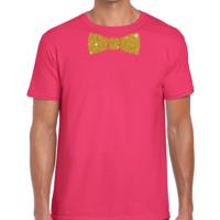 Feestkleding t-shirt - met gouden strikje - roze - voor heren - vlinderdas - glitter and glamour