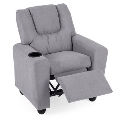 Kinderfauteuil met Relaxfunctie Stoffen Kinderbank met Verstelbare Rugleuning en Voetsteun Kinderbank met Bekerhouder-Grijs