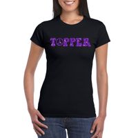 Zwart Flower Power t-shirt Topper met paarse letters dames 2XL  - - thumbnail