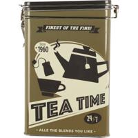 Thee bewaarblik - metaal - retro print bruin - 13 x 8 x 18 cm - theezakjes en losse thee