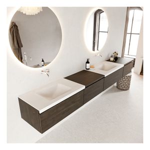 Mondiaz Bukla 280cm badmeubel met module 60 links dark brown 4 lades met wastafel dubbel zonder kraangat kleur talc