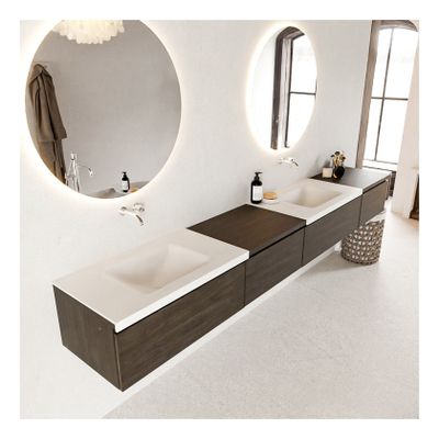 Mondiaz Bukla 280cm badmeubel met module 60 links dark brown 4 lades met wastafel dubbel zonder kraangat kleur talc