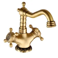 Antiek Messing Waskomkraan - Gegraveerd | Enkel Handvat | Warm & Koud Water