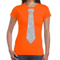 Oranje fun t-shirt met stropdas in glitter zilver dames