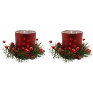 Kerst theelichthouder - 2x - rood - 8 cm - glas/kunststof - waxinelichthouder - kaarsenhouder