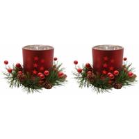 Kerst theelichthouder - 2x - rood - 8 cm - glas/kunststof - waxinelichthouder - kaarsenhouder