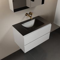 MONDIAZ AIVY 80cm badmeubel Talc, wastafel Urban solid surface midden zonder kraangat met spiegelkast (AI-351171URBAN-NO - AI-M80TAMI - AI-C80TAMI)