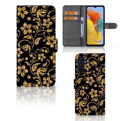 Samsung Galaxy M14 Hoesje Gouden Bloemen | Portemonnee hoesje Samsung Galaxy M14 Hoesje Gouden Bloemen | Portemonnee hoesje
