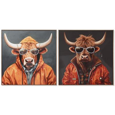 Schilderij Home ESPRIT Grijs Oranje Koe Modern Coating 82 x 4,5 x 82 cm (2 Stuks)