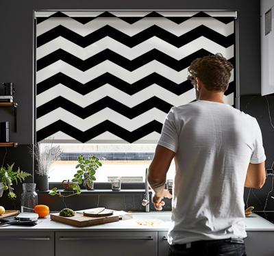 Wit en zwart visgraatpatroon raambekleding keuken