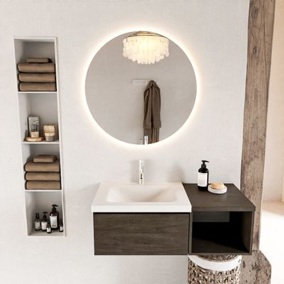 MONDIAZ BUKLA 100cm badmeubel met open module 40 kleur Dark Brown met 1 lade. Wastafel CLOUD links 1 kraangat kleur Talc.