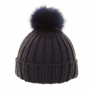 Navy blauwe gebreide muts met pompon voor dames