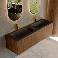 Mondiaz KURVE 150 cm Onderkast Greeploos 2 Lades Zonder Deuren Walnut, Wastafel Solid Surface Dubbel Urban 2 Kraangaten Zonder Spiegel (KRVBGS1502L0D2KD-Wal/Urb)