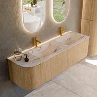 Badmeubel Mondiaz Kurve-Dlux | 155 cm | Meubelkleur Oak | Wastafelkleur Nata | Solid surface | Dubbel / Rechts spoelbak | 2 kraangaten