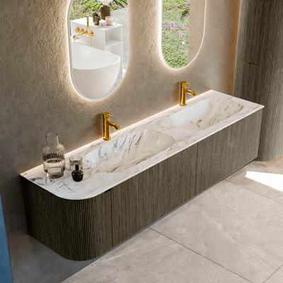 Badmeubel Mondiaz Kurve-Dlux | 175 cm cm | Meubelkleur Shadow | Wastafelkleur Glace | Solid surface | Dubbel / Rechts spoelbak | 2 kraangaten