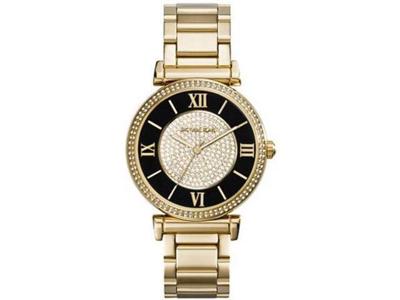 Michael Kors Dameshorloge MK3338 Caitlin Black and Gold Dial Yellow Gold Steel Bracelet Crystal