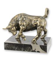 A CAST IRON BULL ON MARBLE BASE