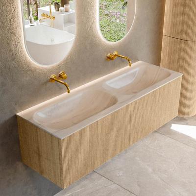 Badmeubel Mondiaz Kurve-Dlux | 140 cm | Meubelkleur Oak | Wastafelkleur Meli | Solid surface | Wasbak beide zijden spoelbak | Zonder kraangat(en)