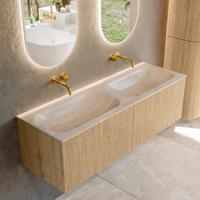 Badmeubel Mondiaz Kurve-Dlux | 140 cm | Meubelkleur Oak | Wastafelkleur Meli | Solid surface | Wasbak beide zijden spoelbak | Zonder kraangat(en)